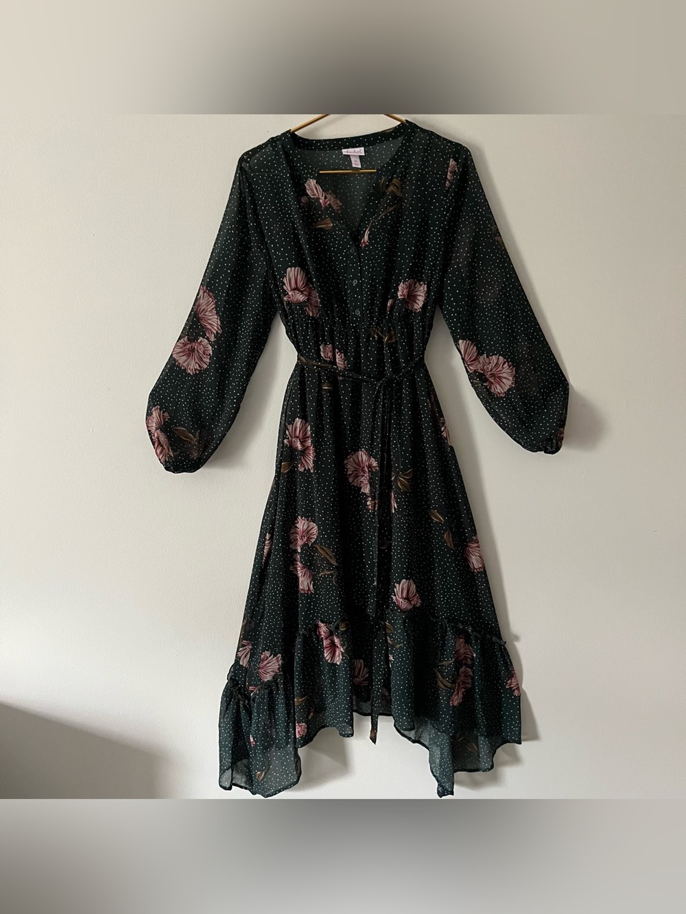 Isabel Maternity Forest Green Floral Sheer Lightweight Asymmetrical Midi Dress M